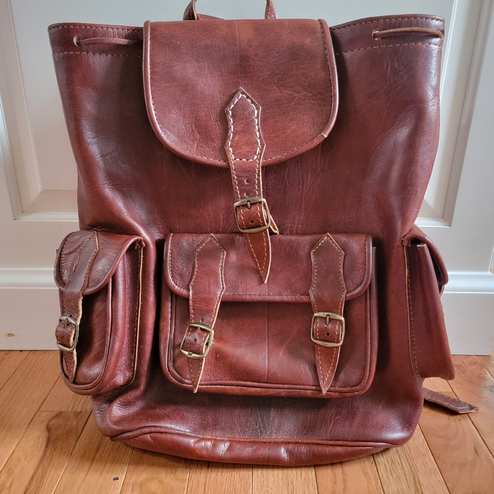 Red Brown Handmade Genunine Goat Leather Satchel Backpack